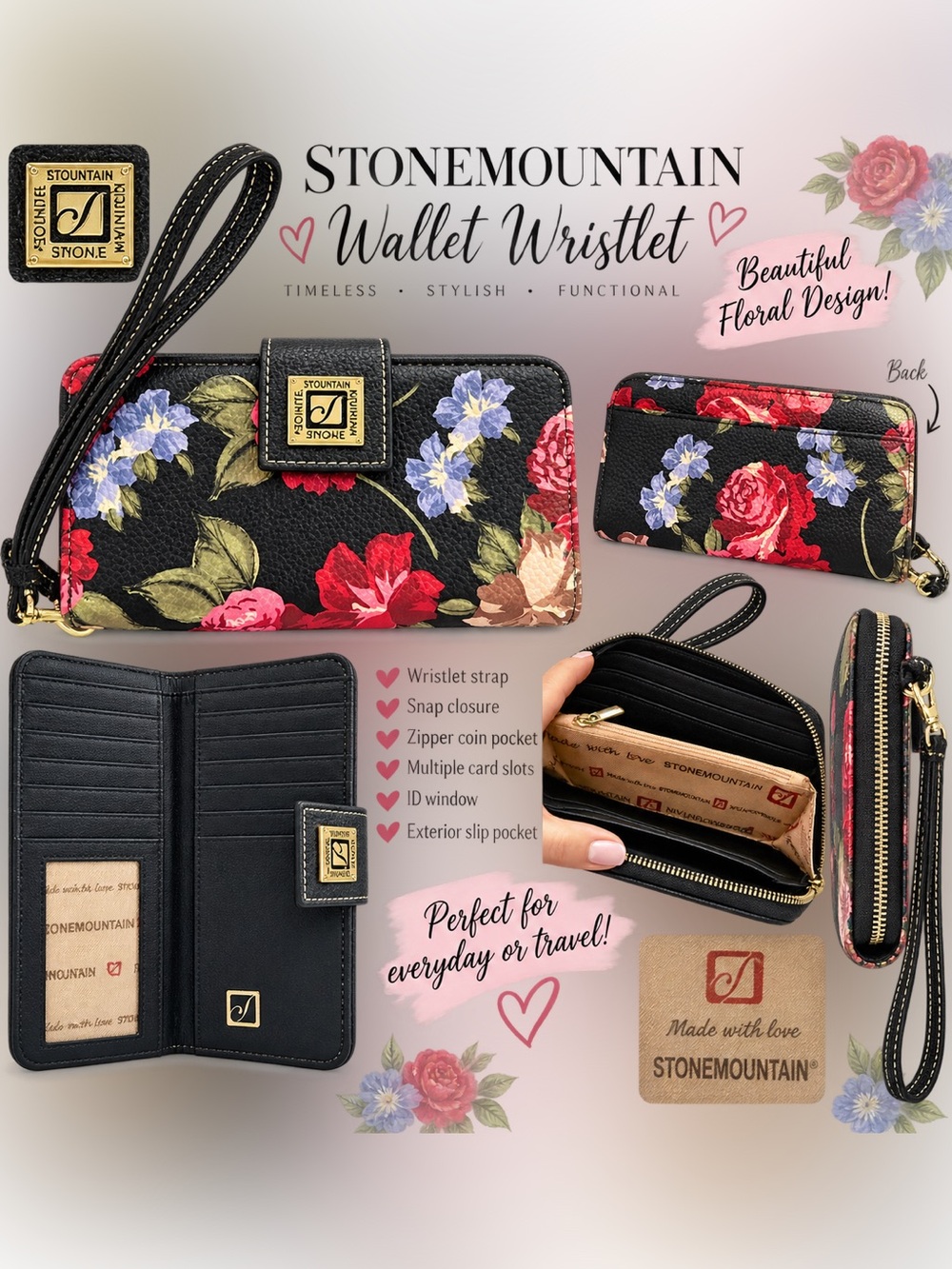 Stonemountain Floral Wristlet Wallet – Black Multi